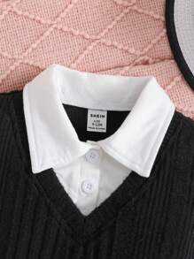 1pc Baby Girls Urban Style Textured Knit Sleeveless 2 In 1 Long Sleeve Dress, Suitable For Casual Wear In Autumn/Winter - Black and White - View 3