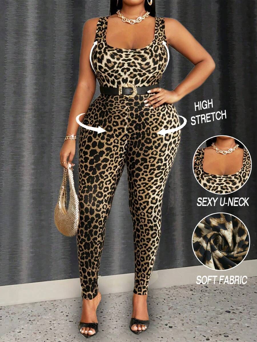 Maweii Chaleco sin mangas de talla grande con estampado de leopardo y Mono ajustado, elegante y sexy - Multicolor - Ver 1