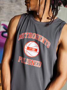 Manfinity Sport Corelite Boyfriend Style Men's Round Neck Sleeveless Letter Character Print Simple Tops For Daily Leisure - Dark Grey - View 8