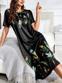 女士宽松圆领羽毛印花短袖睡裙，优雅迷人，Moo Moo - 彩色 - 查看 1