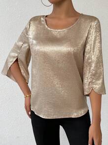 SHEIN Clasi 女式纯色休闲圆领开袖衬衫，适合新年假期聚会服装 - 金色 - 查看 4