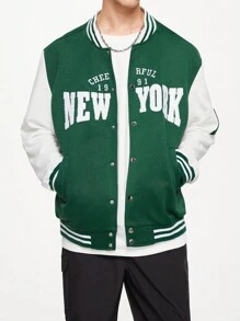 Manfinity Hypemode Men Letter Graphic Striped Trim Drop Shoulder Varsity Jacket - Green - View 6