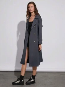 SHEIN EZwear 90年代深灰色落肩雙排釦束腰風衣 - 深灰色 - 查看 7