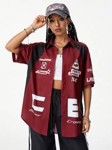 SHEIN EZwear Women's Loose Fit Solid Color Patchwork Short Sleeve Shirt