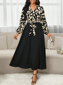 SHEIN Lady Autumn And Winter Office Dress Elegantblack Woven V-Neck Mid-Length Sleeve Leopard Abstract Print 2 In 1 Mid-Length Dress - Multicolor - View 1