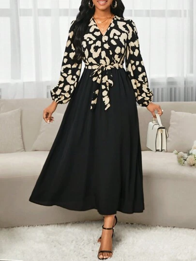 SHEIN Lady Autumn And Winter Office Dress Elegantblack Woven V-Neck Mid-Length Sleeve Leopard Abstract Print 2 In 1 Mid-Length Dress