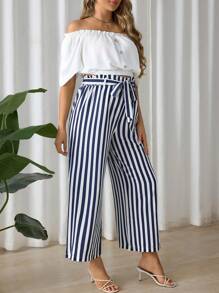 SHEIN 2pcs Maternity Off-Shoulder Button-Front Waist Ruched Top And Striped Pants Set - Multicolor - View 5