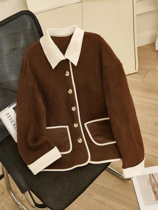 SHEIN Unity Premium Design Casual Oversized Turndown Collar Contrast Trim Button Front Long Sleeve Fluffy Coat