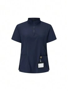 SHEIN TaskFit 2pcs Plus Size Zip-Up Short Sleeve Top And Straight Leg Casual Pants Set, Plus Size Uniforms & Scrubs - Navy Blue - View 4
