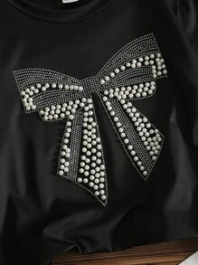 Tween Girl Short Sleeve Round Neck Rhinestone Embellished Casual Tee - Black - View 6