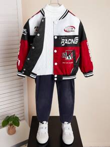 SHEIN 年轻男孩休闲舒适摩托车图案棒球领设计加厚长袖夹克适合通勤、上学、居家休闲、街拍、聚会、户外游玩