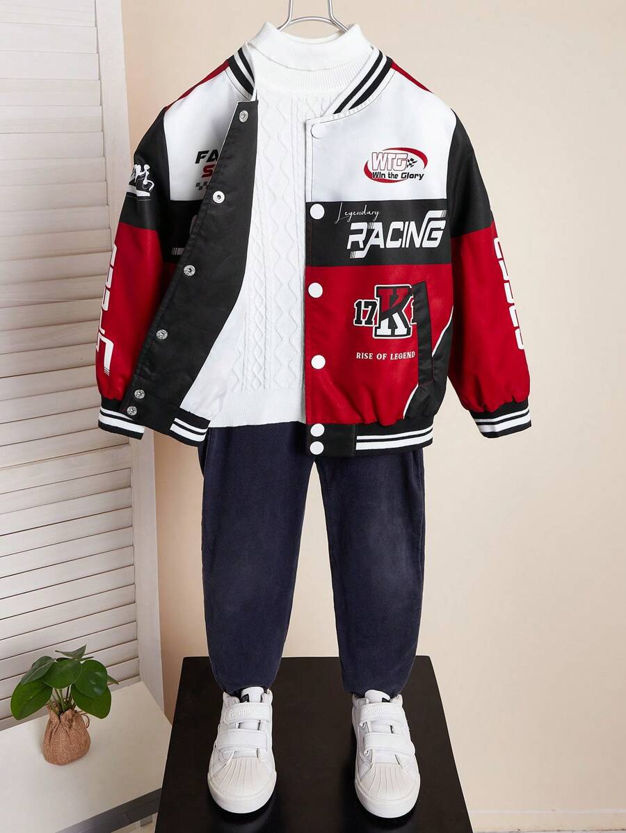 SHEIN 年轻男孩休闲舒适摩托车图案棒球领设计加厚长袖夹克适合通勤、上学、居家休闲、街拍、聚会、户外游玩