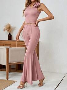 Calvaya Top elegante de mujer sin mangas con cuello en V, con adornos de flores 3D en unicolor, 2 piezas