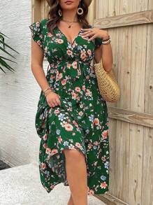 SHEIN Clasi 大码 V 领荷叶边花卉印花休闲连衣裙 - 彩色 - 查看 6