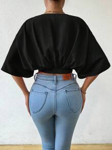 SHEIN Unity Women's Deep V-Neck Short Sleeve Button Ruched Elegant Blouse - Black - View 2