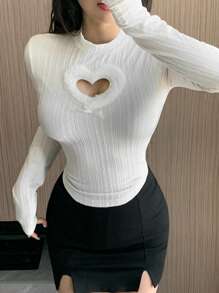 DAZY Women's Hollow Heart Decor Stand Collar Long Sleeve T-Shirt, Spring & Summer,Fall Clothes Turtleneck Women