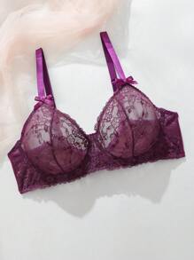 SHEIN مجموعة بليه مع رباط الدانتيل لحمالة الصدر لأحجام كبيرة، ملابس داخلية - الأرجواني - مشاهدة 4