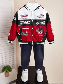 SHEIN 年轻男孩休闲舒适摩托车图案棒球领设计加厚长袖夹克适合通勤、上学、居家休闲、街拍、聚会、户外游玩