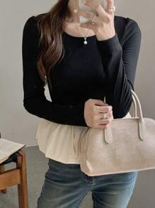 DAZY Women Crew Neck Colorblock Long Sleeve T-Shirt,Ruffle,Fall Clothes