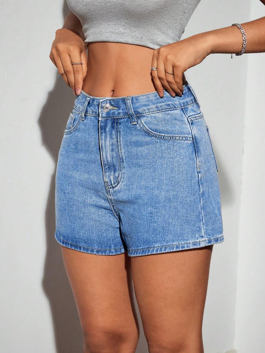 SHEIN Essnce Washed Pocket Detail Solid Denim Shorts - Medium Wash - View 1