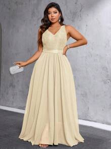 SHEIN Belle Plus Size V-Neck Sleeveless Back Zipper Pleated Dress Maxi Women Outfit