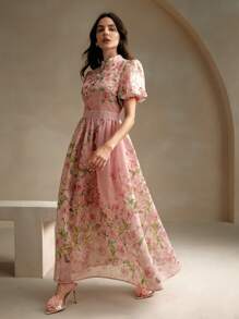 Anewsta 法式优雅花卉提花印花 V 领泡泡袖女式连衣裙，黄色长款女装