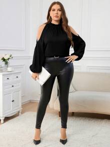 SHEIN Clasi Plus Size Cold Shoulder Long Sleeve Fitted Elegant Black Blouse - Black - View 4