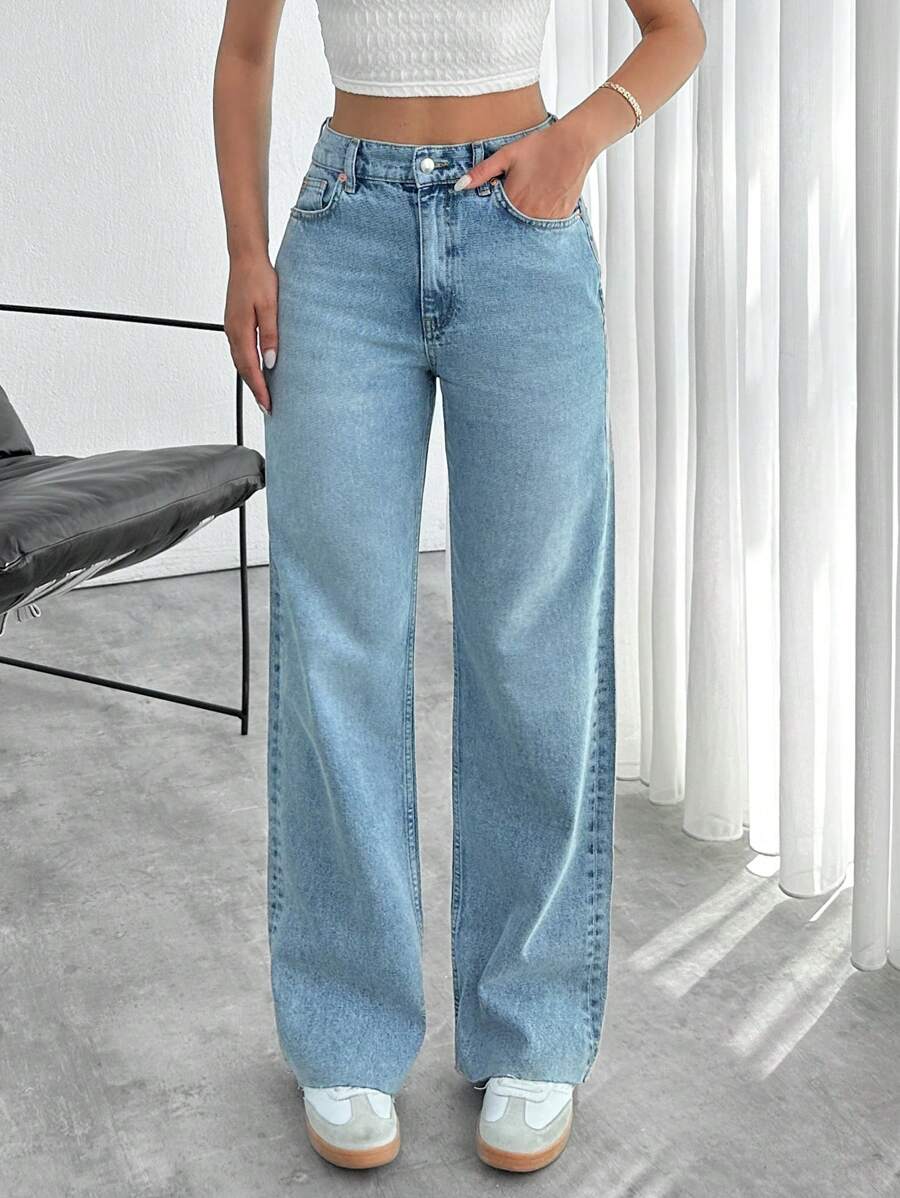 EURMUSE HOGH WAIST STRAIGHT CUT RAW HEM JEAN - Light Wash - View 1