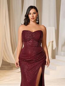 Faeriesty Plus Ruched Front Split Thigh Sequin Tube Party Dress - Burgundy - View 4