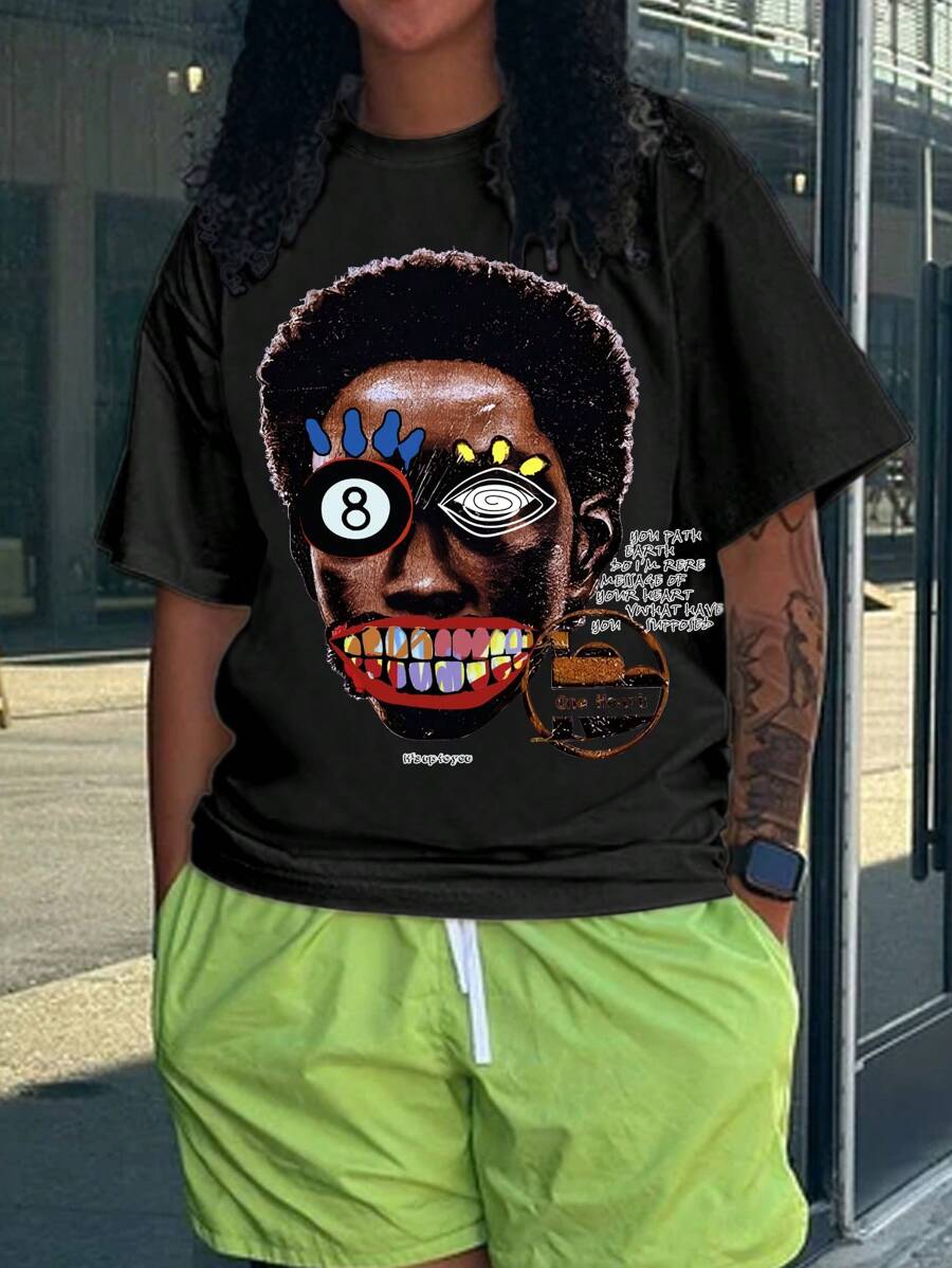 تي شيرت تي شيرت صيفي بأكمام قصيرة وياقة مستديرة بطباعة شخصية كرتونية للرجال