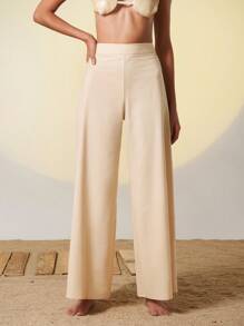 JACOBO SIN A Designer Women's Solid High Waist Casual Wide Leg Pants, Cotton, Holiday