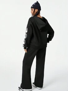 Coolane 女士秋季街头服饰嘻哈图案运动衫运动裤两件套服装 - 黑色 - 查看 8