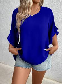 大码纯色圆领荷叶边袖休闲衬衫