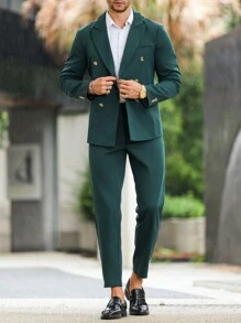 Manfinity Mode Men's Double-Breasted Suit Coat And Pants Set - Dark Green - View 6