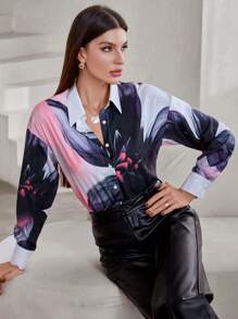 Aveloria 女士随机花卉印花长袖休闲纽扣衬衫