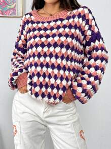SHEIN X Angie Costa Chiquease Women's Round Neck Long Sleeve All-Over Print Casual Loose Sweater