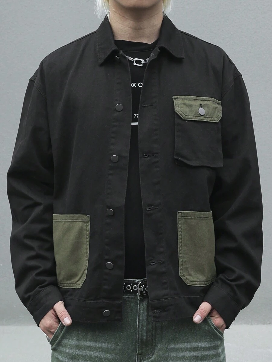 Manfinity Homme Men Spring And Autumn Contrast Color Work Pocket Long Sleeve Loose Casual Denim Jacket - Black - View 1