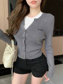 Dazy X KIMYOUJUNG Collection Women's Solid Color Simple Casual Long Sleeve Cardigan,Fall Clothes - Grey - View 11