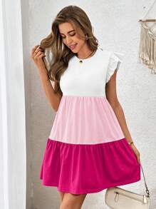 SHEIN Essnce Váy dệt kim cổ tròn có tay áo màu khối thông thường dành cho nữ cho mùa xuân/hè - Hồng - Xem 4