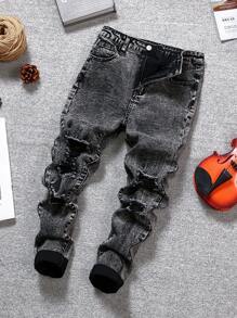 SHEIN Tween Boys Distressed Stonewashed Ripped Frayed Denim Black Jeans,For Back To School And Fall - Black - View 1