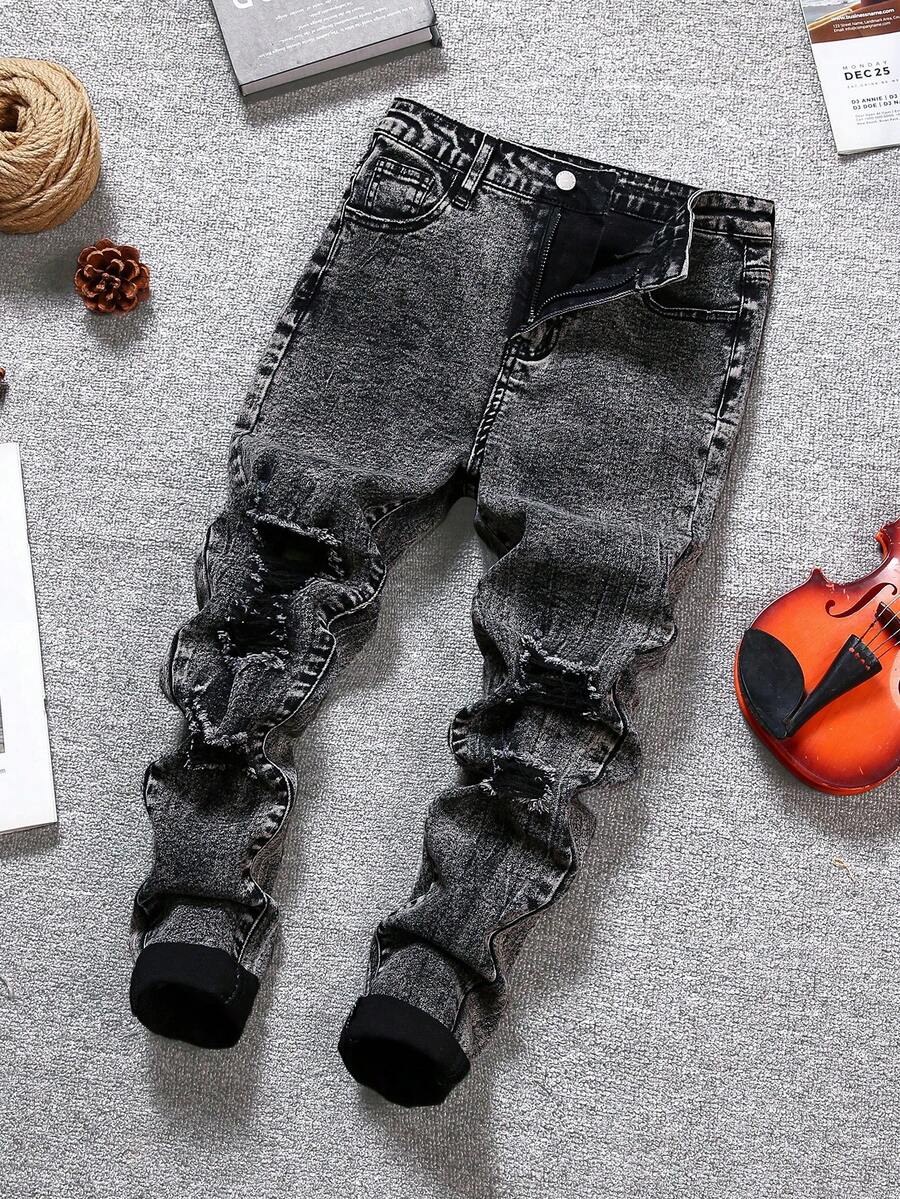 SHEIN Tween Boys Distressed Stonewashed Ripped Frayed Denim Black Jeans,For Back To School And Fall - Black - View 1