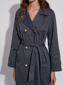 SHEIN EZwear 90年代深灰色落肩雙排釦束腰風衣 - 深灰色 - 查看 8
