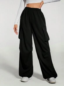 SHEIN Tall Black Street Cargo Pocket Parachute Pants