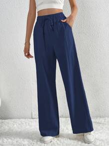 SHEIN Tall Quần dài thời trang đường phố thiết kế đa năng cho nữ kiểu dáng đơn giản có dây rút - Xanh đậm - Xem 7