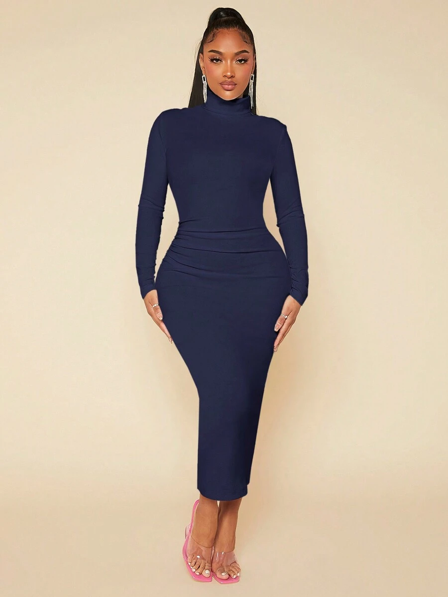 SHEIN SXY High Neck Solid Bodycon  Ruched  White Maxi  Dress - Navy Blue - View 1