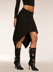 SHEIN BAE Falda casual de unicolor con dobladillo asimétrico para mujer - Negro - Ver 5