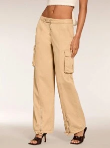SHEIN BAE Jeans casuales rectos de moda de calle con diseño de bolsillo con botón para mujeres - Albaricoque - Ver 4