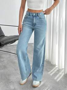 EURMUSE HOGH WAIST STRAIGHT CUT RAW HEM JEAN - Light Wash - View 6