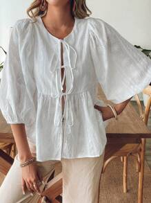 Chiquease 女士圆领优雅刺绣花朵前系带蝴蝶结衬衫荷叶边上衣