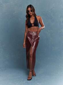 MISSGUIDED 亮面仿皮前开衩长裙圣诞节 - 酒紅色 - 查看 2